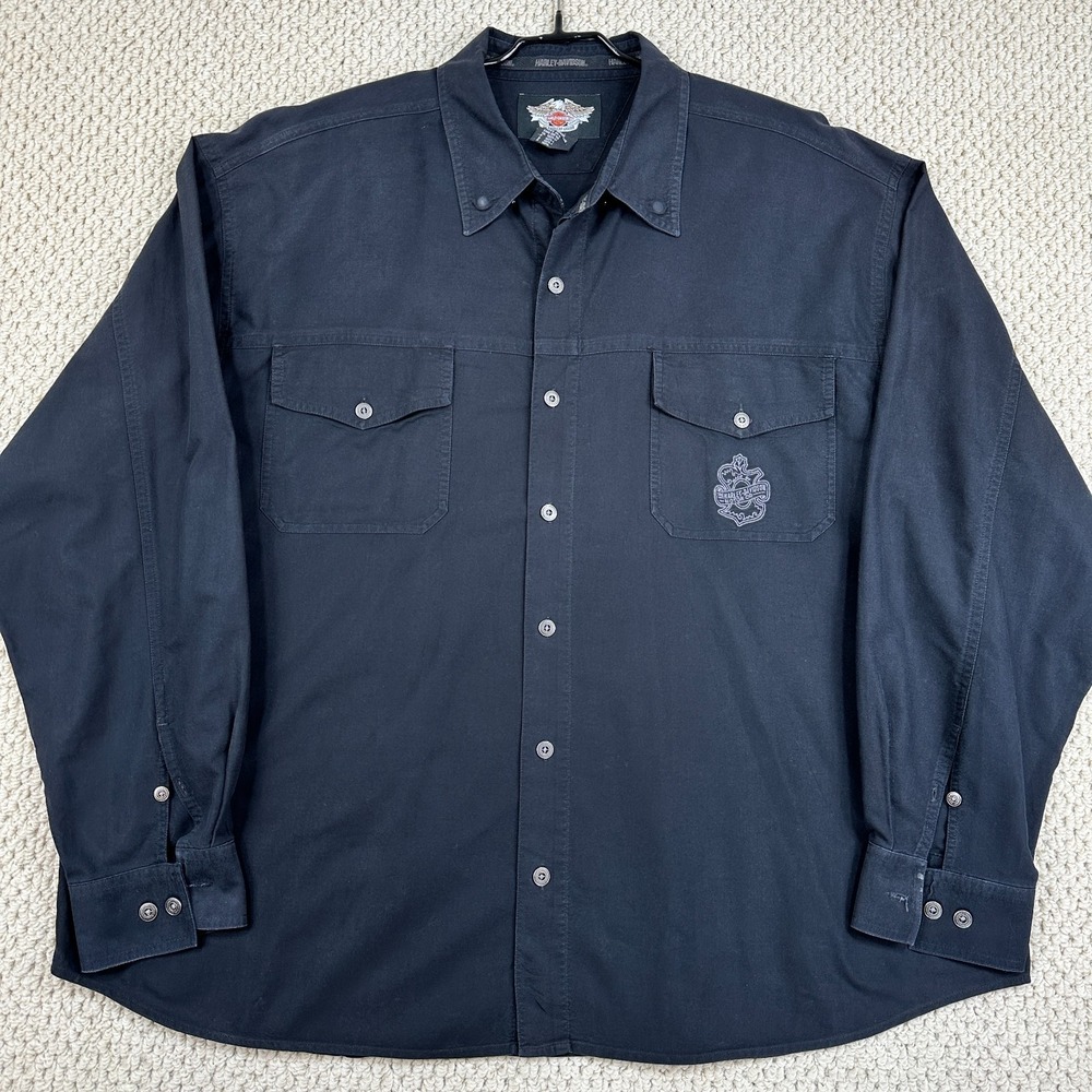 Vtg Harley Davidson Shirt Mens 2XL Black Long Sleeve Button Up Embroidered Crest
